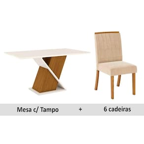 Sala de Jantar Completa Solus Tampo Madeirado c/ Vidro 160x90cm e 6 Cadeiras Tauá Nature/Veludo Light Linho - Henn