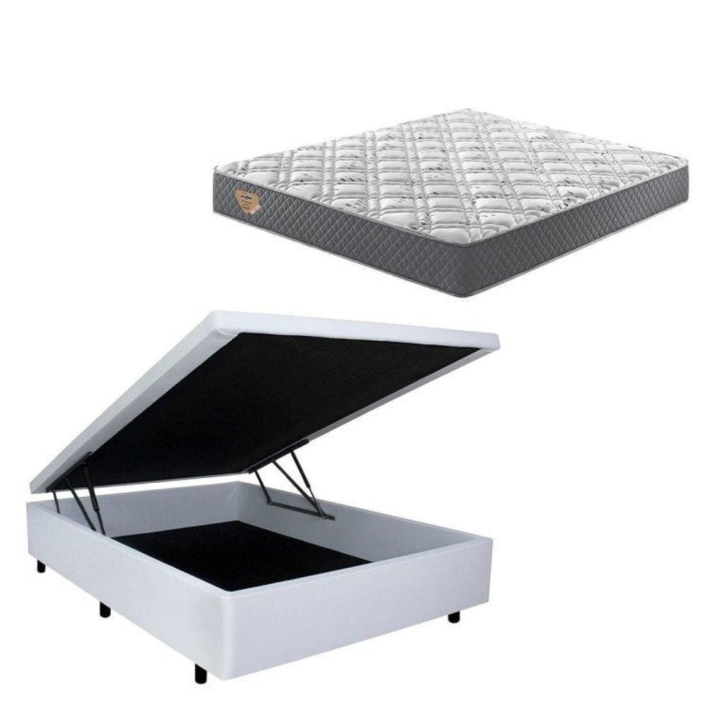 Conjunto Cama Box Baú Casal 138x188cm em Courino com Colchão Adapto Molas Ensacadas Branco/Cinza