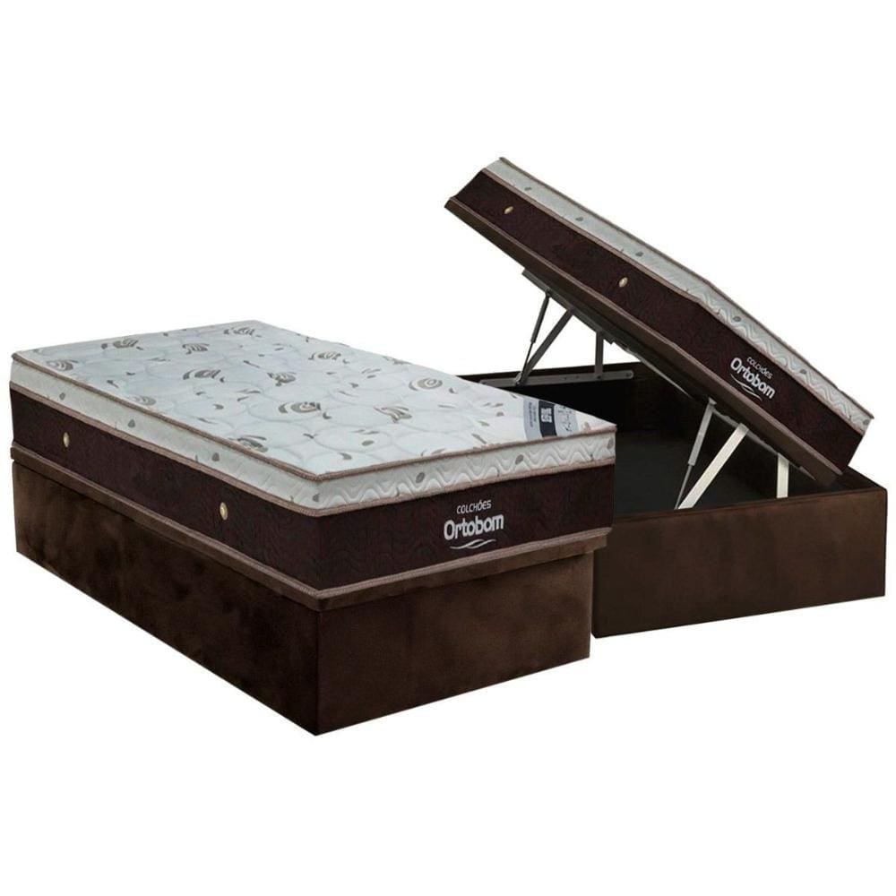 Cama Box Baú Solteiro: Colchão Molas Ortobom SuperPocket Sleep King + Base CRC Suede Brown(88x188)