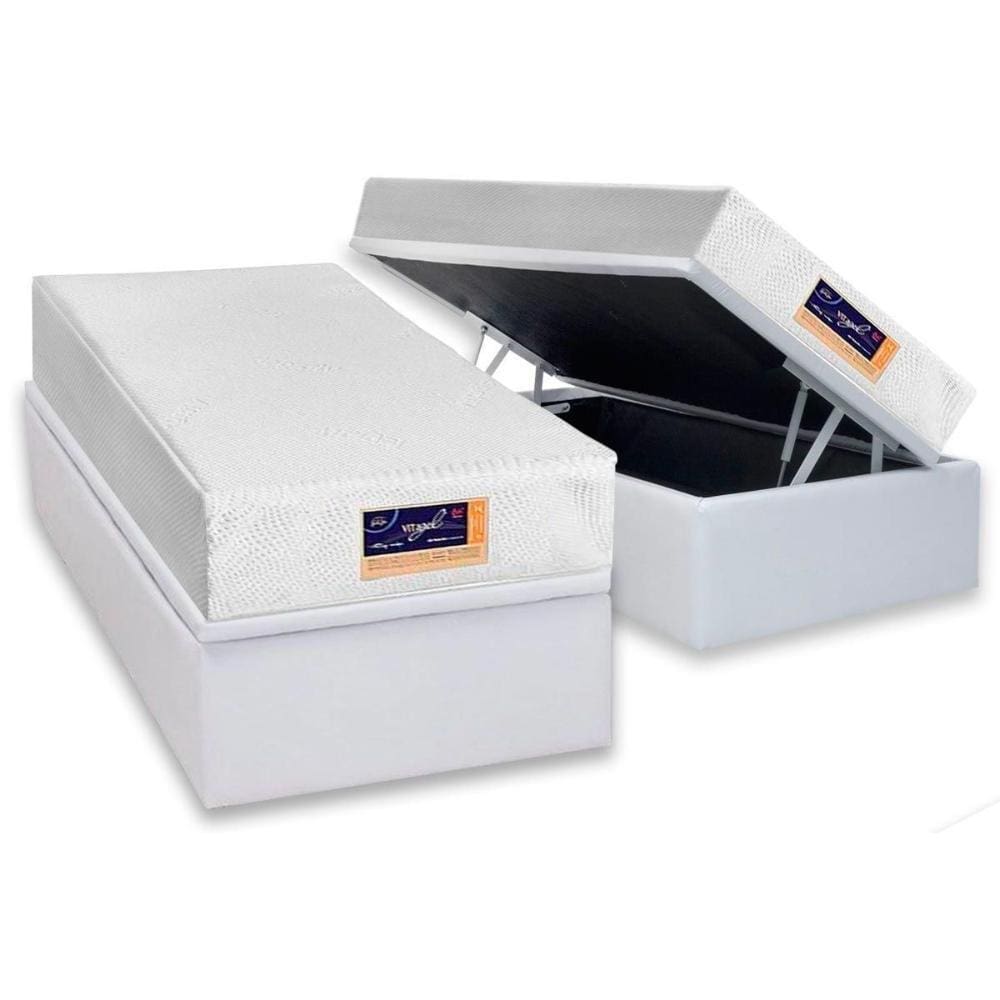 Cama Box Baú Solteiro: Colchão Espuma Castor D33 Vitagel HR Visco Gel Convencional + Base CRC Courano White(88x188)