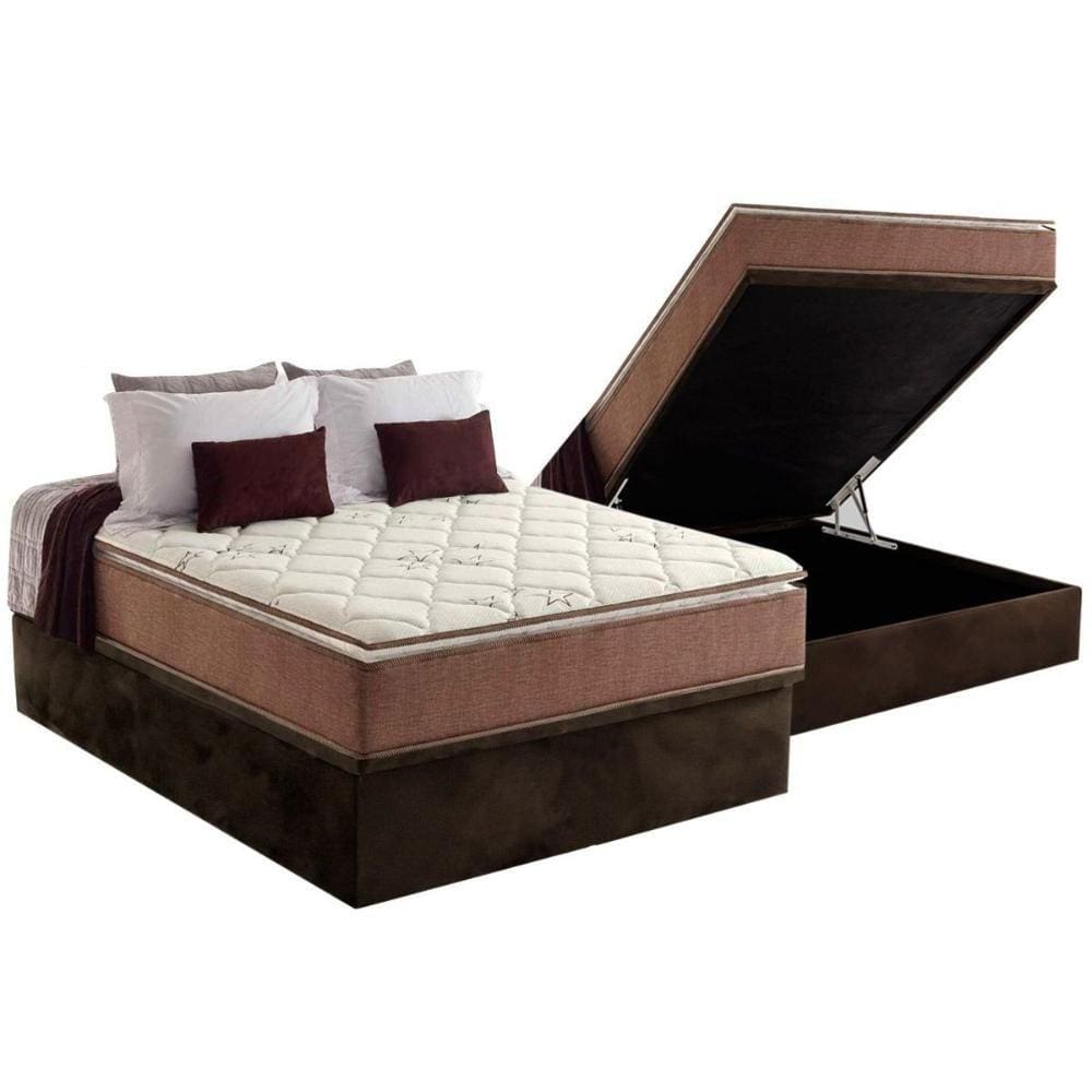 Cama Box Baú Casal: Colchão Anatômico Anjos D28 / AG65 Star Pillow Top + Base CRC Suede Brown(138x188)
