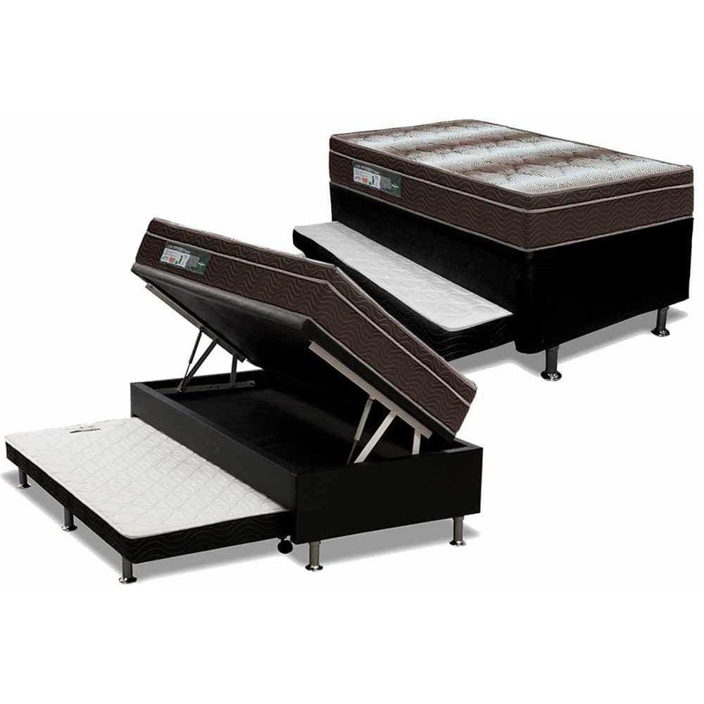 Cama Box Baú c/Auxiliar Solteiro: Colchão Ortopédico Ortobom Light + Base CRC Courano Black(88x188)