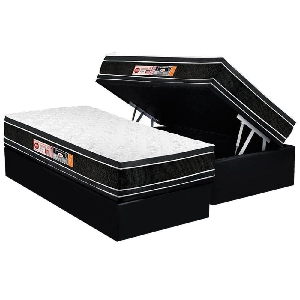 Cama Box Baú Solteiro: Colchão Espuma D33 Castor Black e White Air Double Face Euro Pillow + Base CRC Suede Black(88x188)