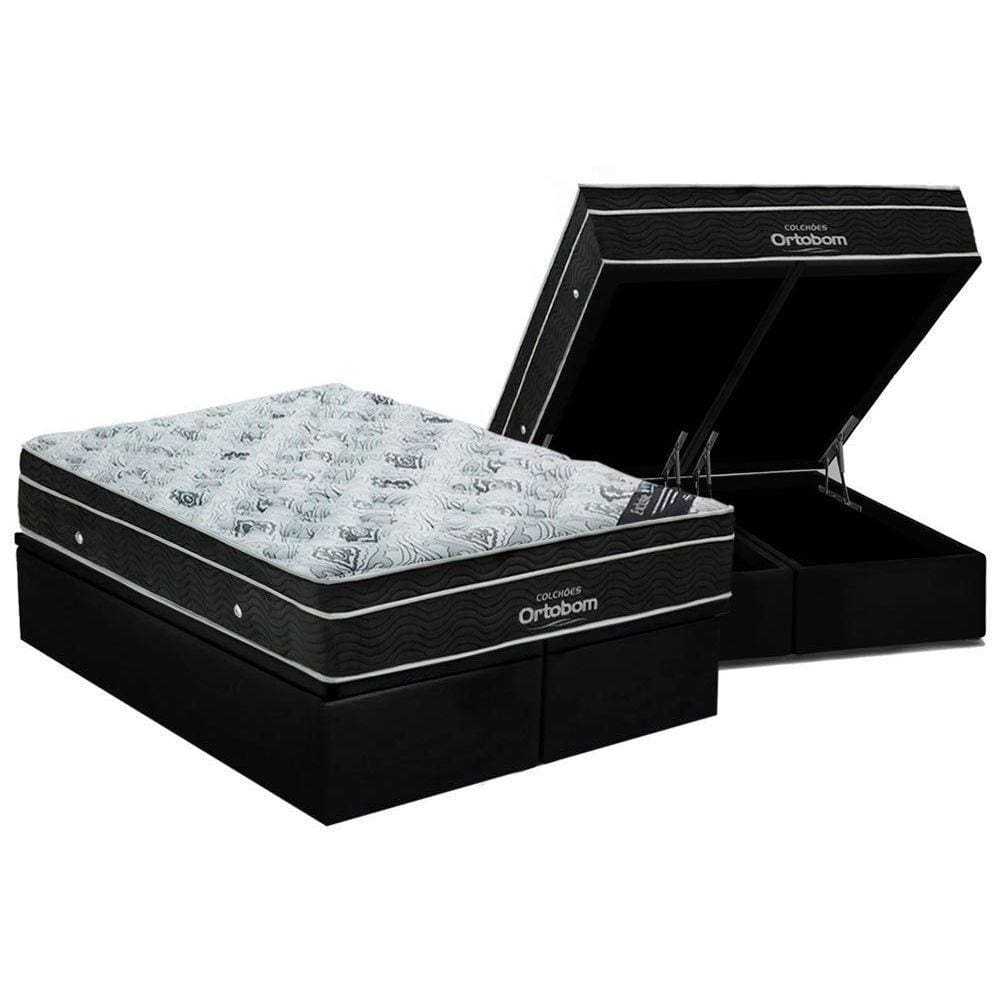 Cama Box Baú King: Colchão Molas Bonnel Ortobom Nanolastic Exclusive + Base Courano Black(186x198)