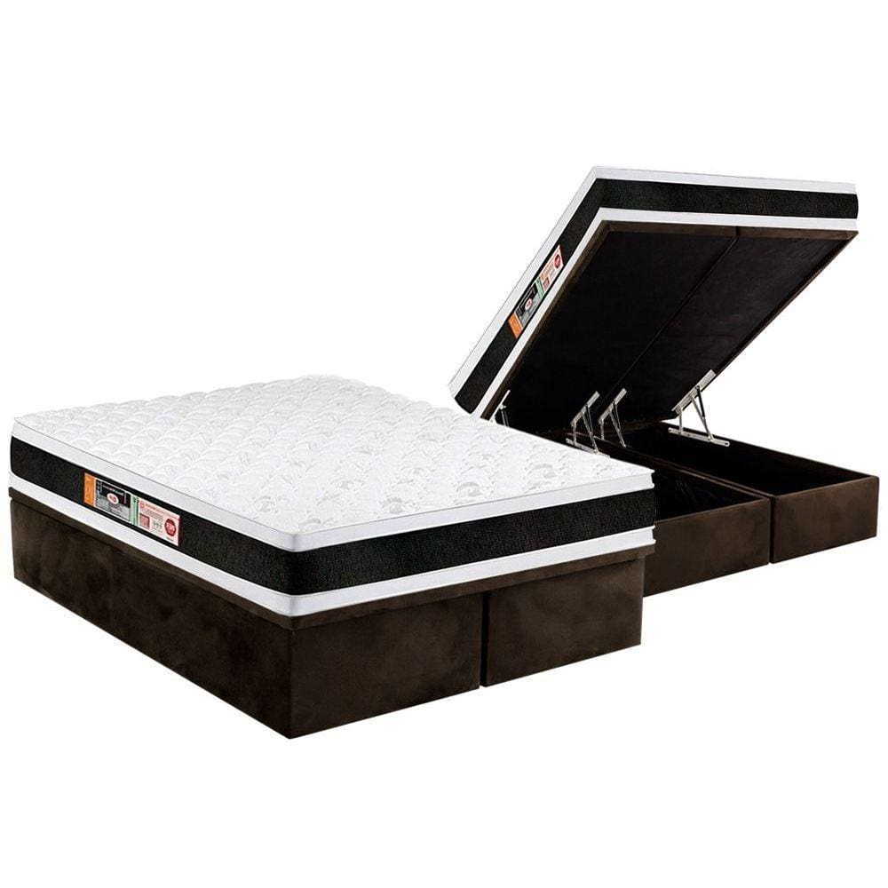 Cama Box Baú Queen: Colchão Espuma D45 Castor Black e White Air Double Face + Base CRC Suede Brown(158x198)