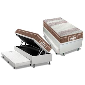 Cama Box Baú c/Auxiliar Solteiro: Colchão Anatômico Probel D33 / EP Guarda Costas PróIntense Plus Euro Pillow + Base CRC Courano White(88x188)