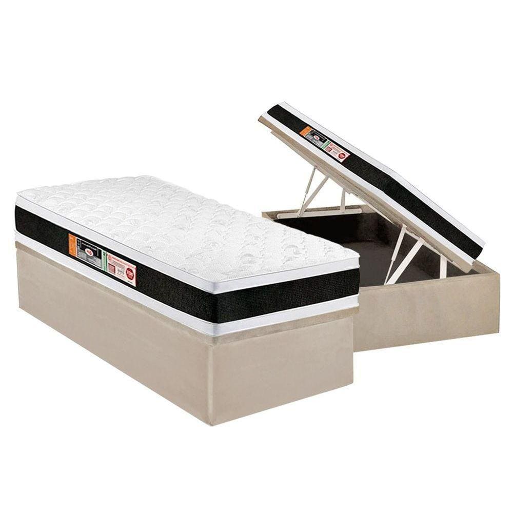 Cama Box Baú Solteiro: Colchão Espuma D45 Castor Black e White Air Double Face + Base CRC Suede Clean(88x188)