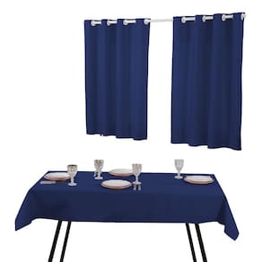 Kit Cortina Cozinha E Toalha De Mesa 6 Cadeiras Azul Royal