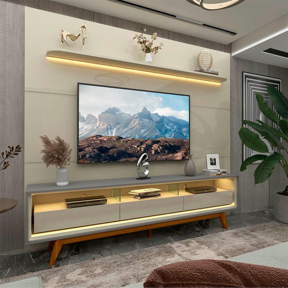 Painel e Rack LED Pés Madeira Royal Requinte 212 Off White Cinza - Gelius