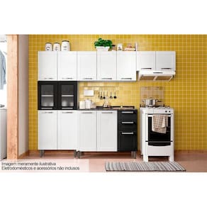 Cozinha Modulada Completa Múltipla 4 Peças (2 Armários + 1 Balcão + 1 Paneleiro) C4P86 Branco/Preto - Bertolini