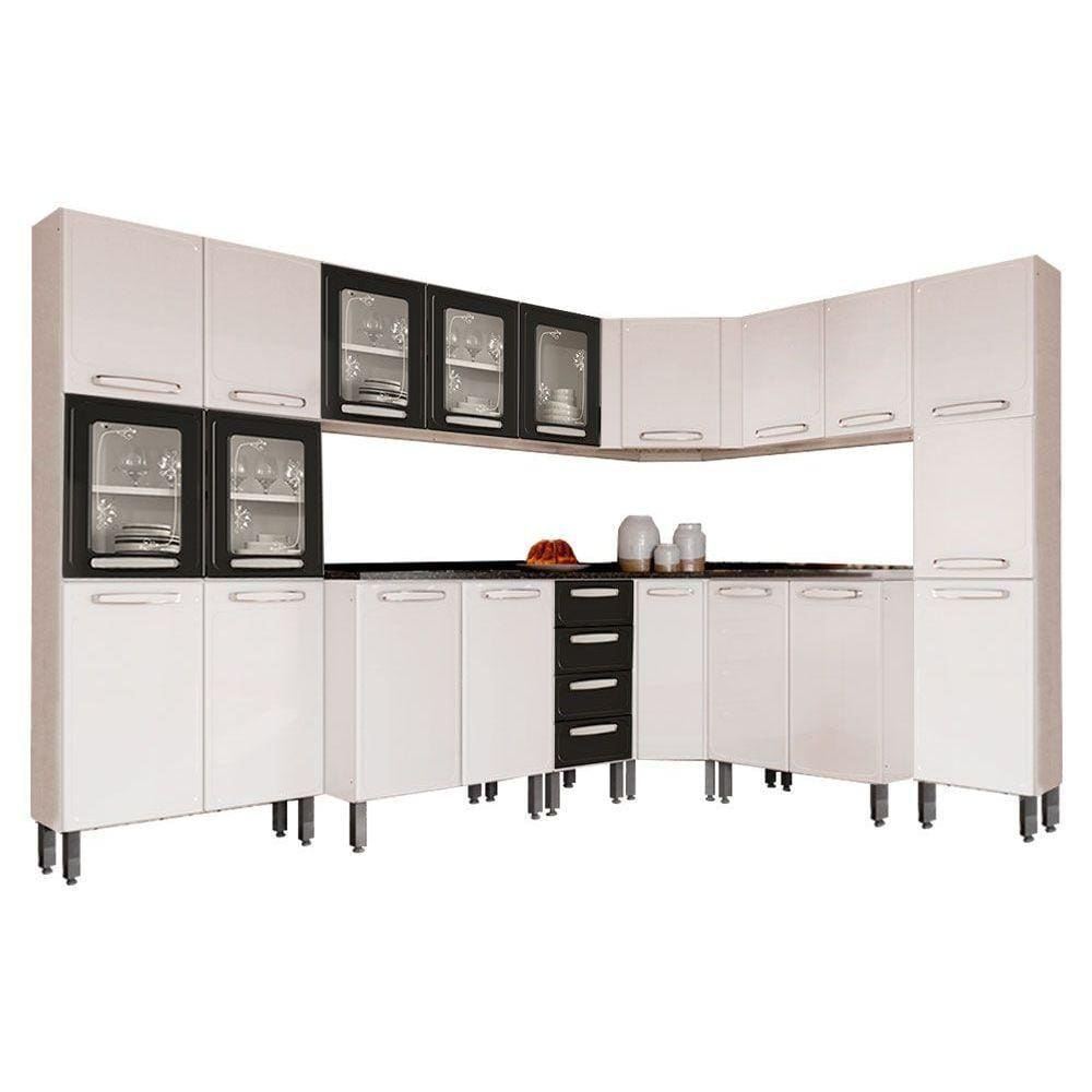 Cozinha Modulada Bertolini Evidence  8 Peças (3 Armários + 3 Balcões + 2 Paneleiros) C8P22 Branco/Preto