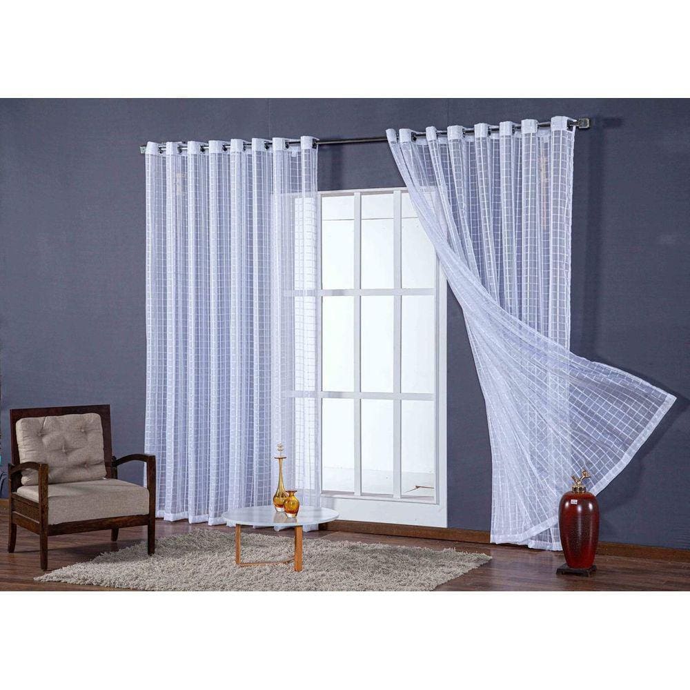 Cortina Para Quarto Grande Voal Xadrez Branco 6,00X2,80