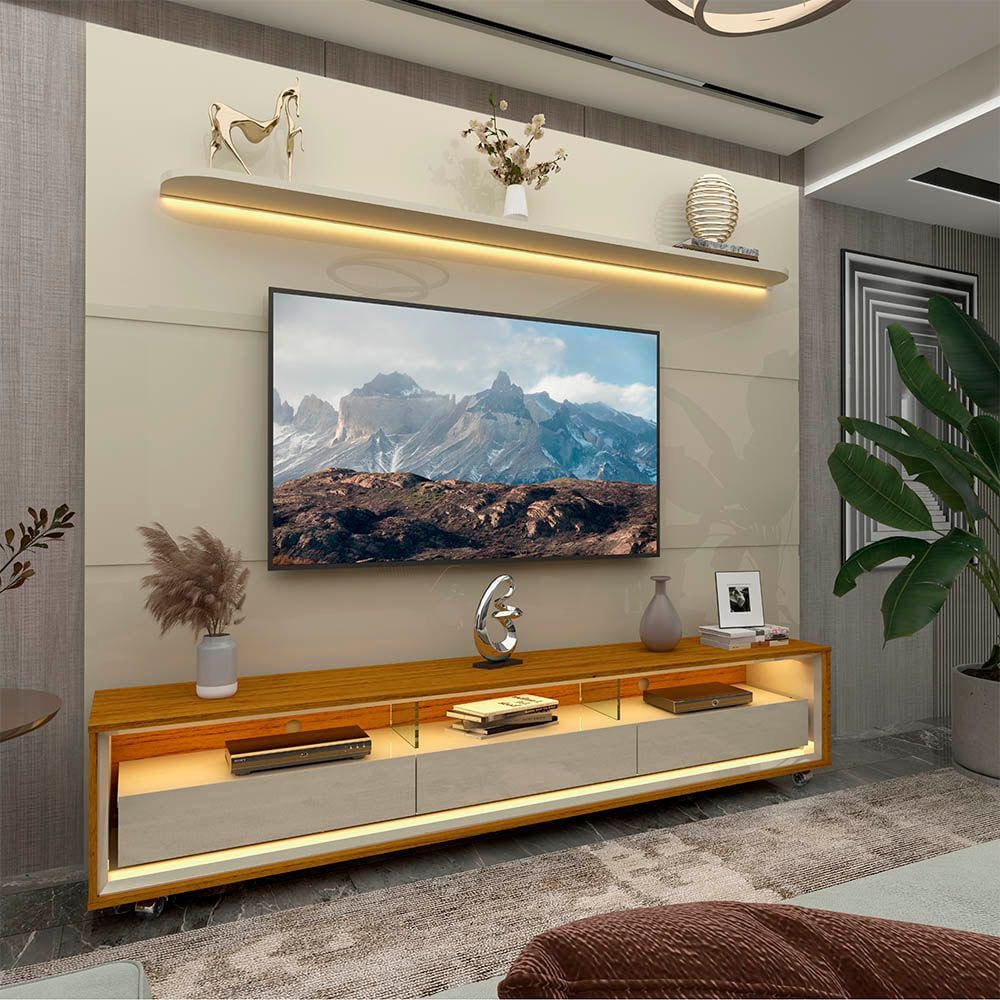 Painel e Rack LED Rodízios Royal Requinte 212 Off White Naturale - Gelius
