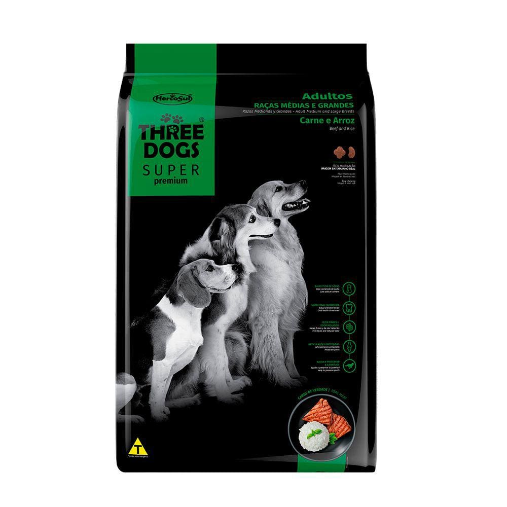 Ração Cães Three Dogs Super Adultos Raças Médias e Grandes Carne e Arroz 10,1kg