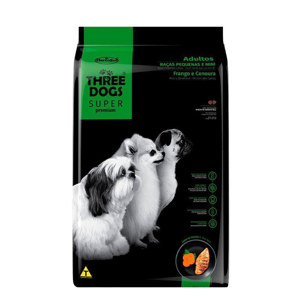 Ração Cães Three Dogs Super Adultos Raças Pequenas e Mini Frango Cenoura 15kg
