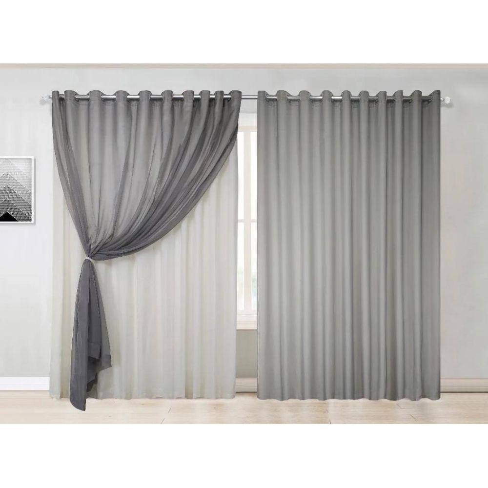 Cortina Quarto Voal Liso Cinza Com Forro Branco 4,00X2,50M