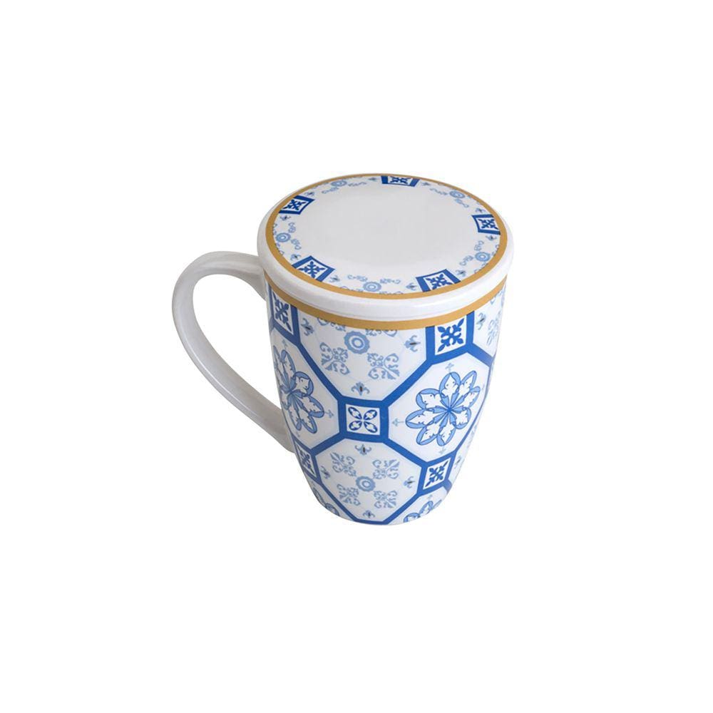 Caneca de Porcelana Azul Branco Super White Braga C/ Tampa e Filtro