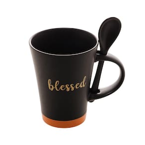 Caneca Cerâmica C/ Colher Blessed Preto Laranja 310ml Wolff