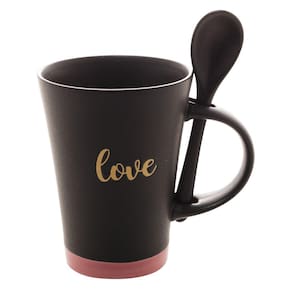 Caneca Cerâmica C/ Colher Love Preto Rosa 310ml Wolff
