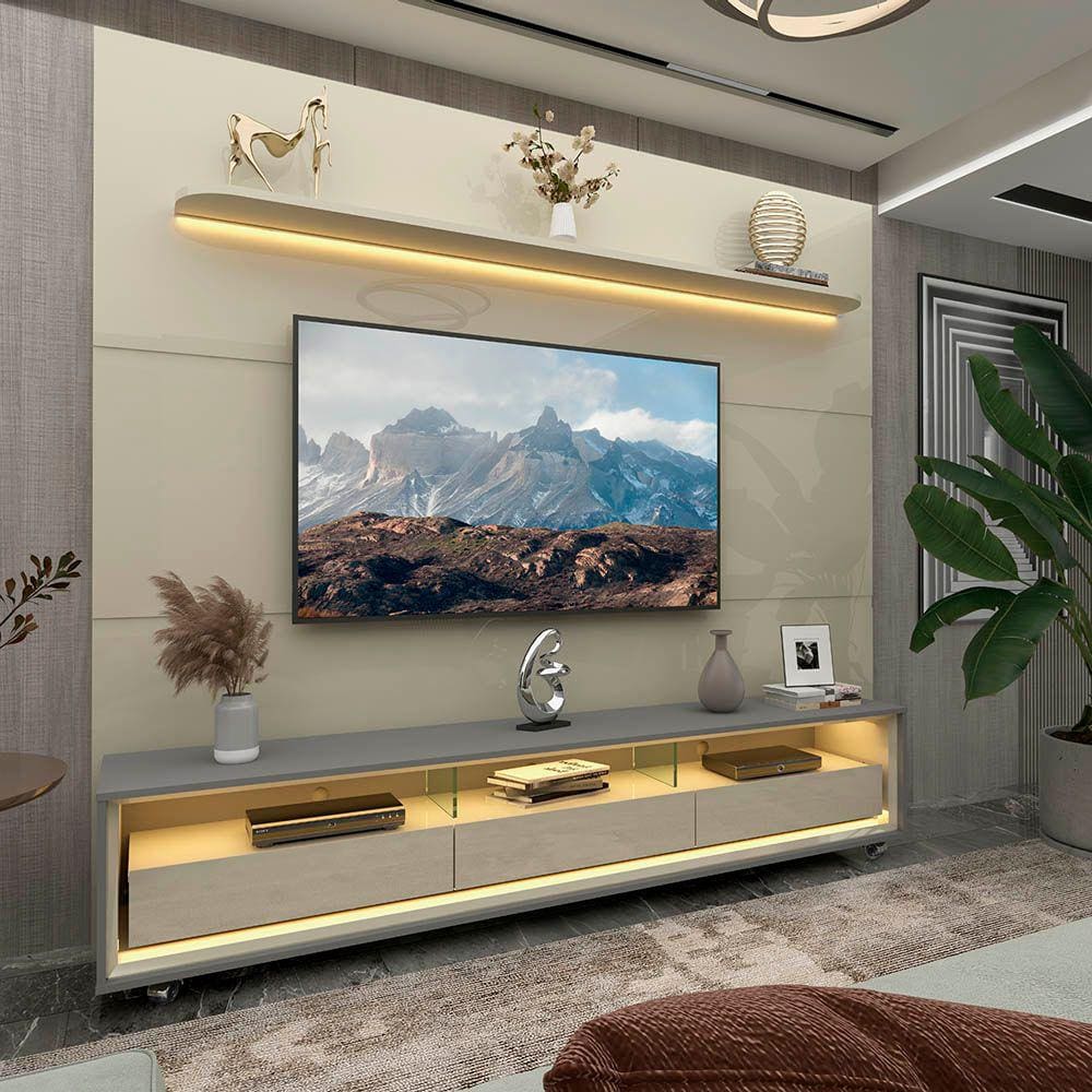 Painel e Rack LED Rodízios Royal Requinte 212 Off White Cinza - Gelius