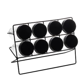 Conjunto 8 Potes de Vidro para Temperos e Suporte em Metal Preto  Lyor