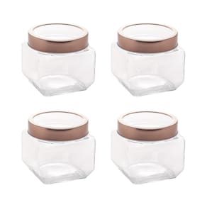 Kit 4 Pote de Vidro Quadrado com Tampa Rose Gold 0,8L - Lyor