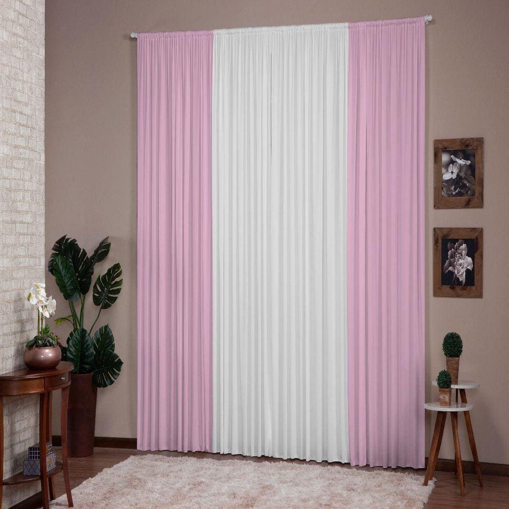 Cortina Para Sala Quarto Versátil 4,00X2,80 Rosa Branco