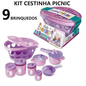 Brinquedos Kit Cestinha Mercado Pic Nic + Panelinhas 9Pç