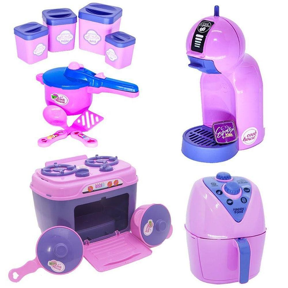 Kit Brinquedo Cozinha Menina Rosa Fogão Pote Panela Café 13P