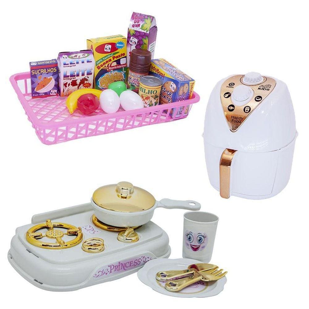 Cozinha Infantil Menina Branco Mercado Air Fryer Fogão 20Pç