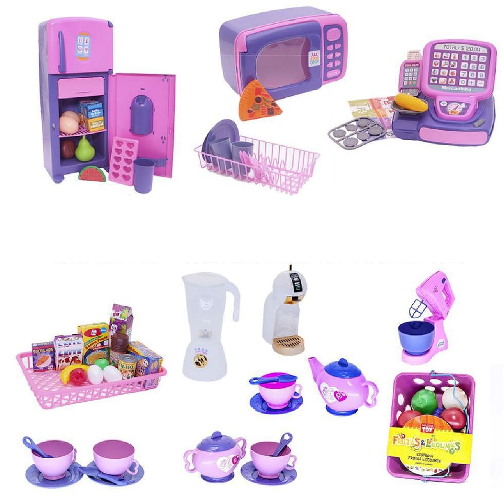 Kit Café Infantil Registradora Geladeira Microondas 77 Peças