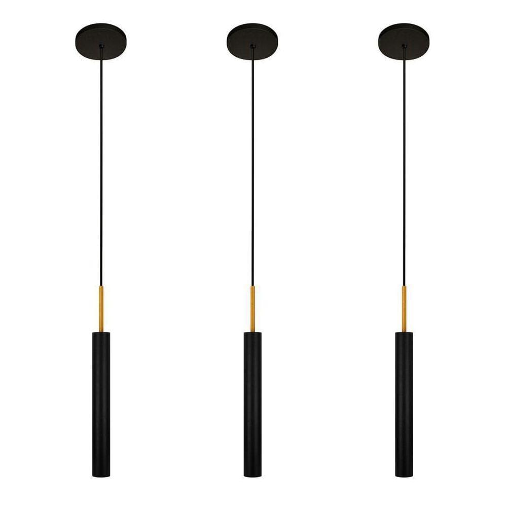 Kit 3 Luminárias Pendente Tubo Teto Sala Preto Dourado 40Cm