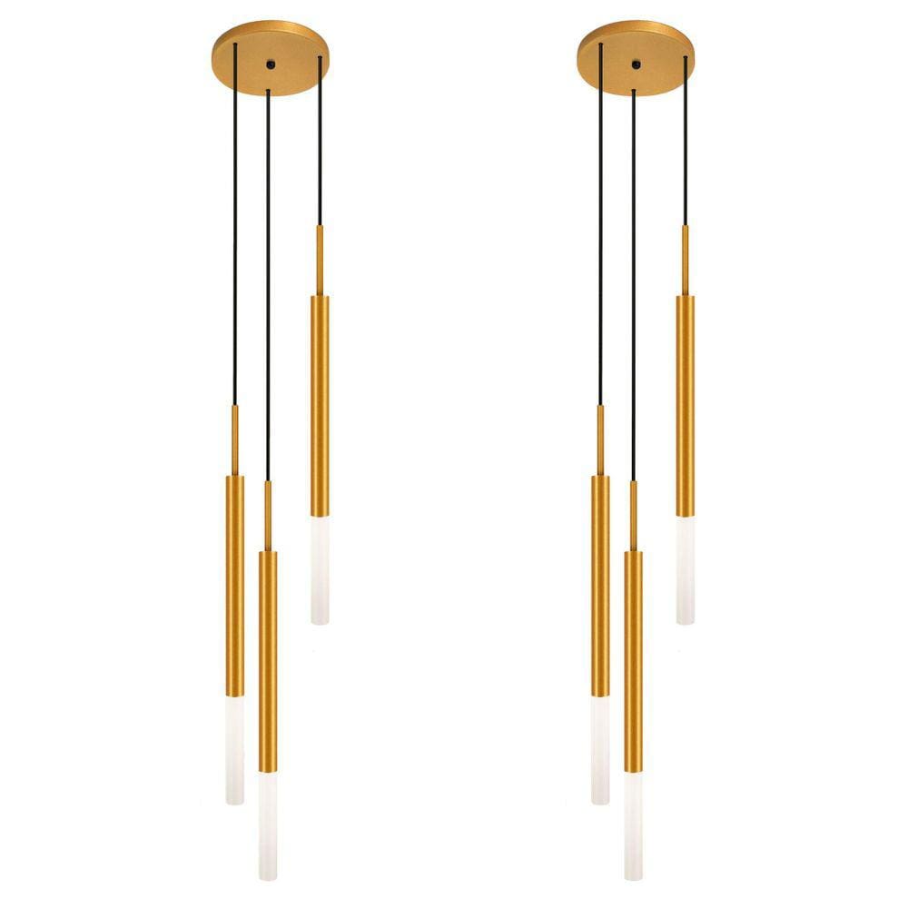 Kit 2 Luminárias Teto Pendente Tubo Triplo Difusor Dourado
