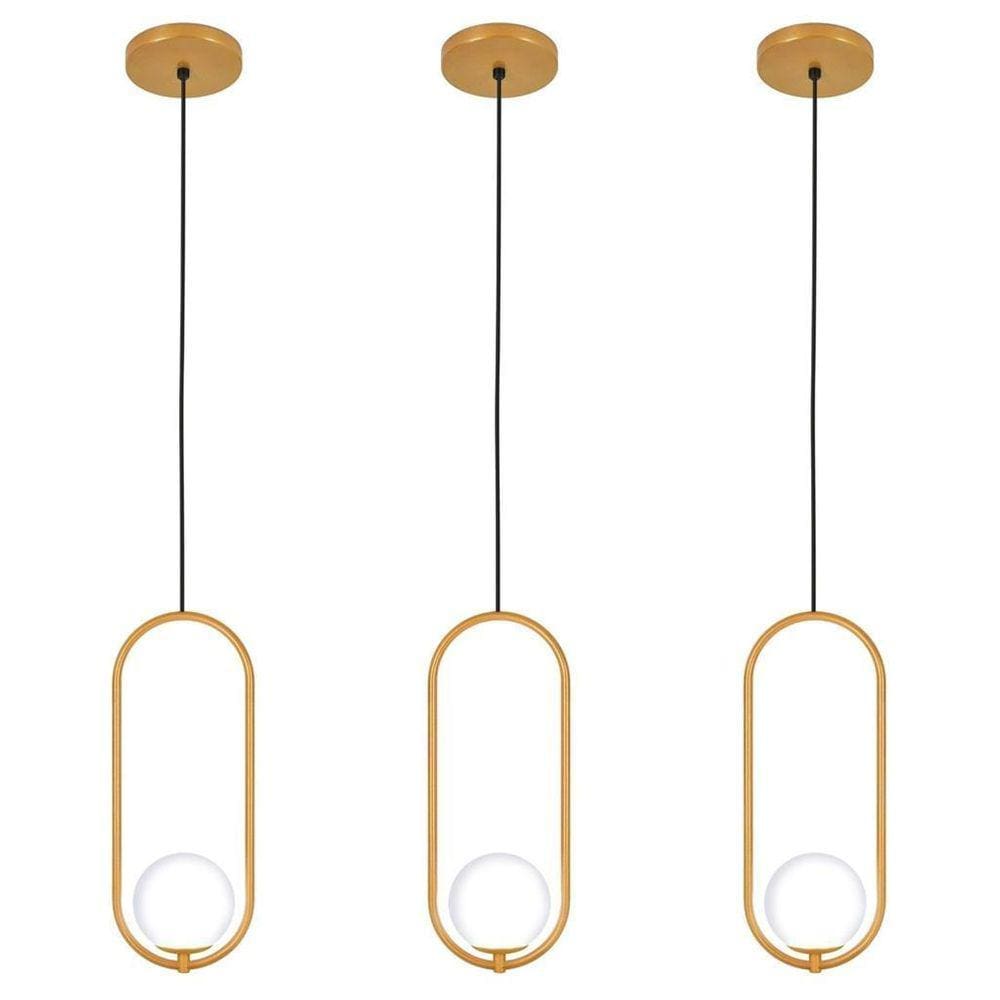 Kit 3 Luminárias Pendente Arco Globo Vidro Sala Cama Dourado