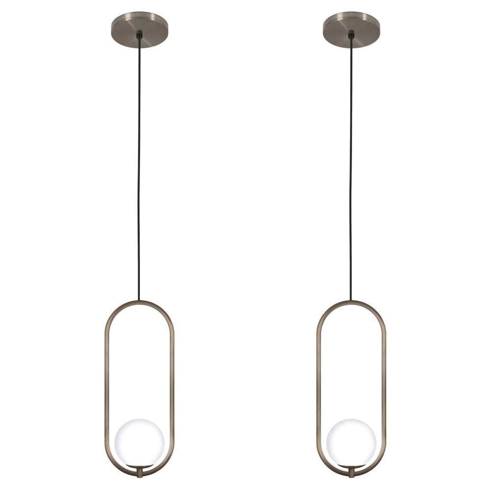 Kit 2 Pendentes Luminária Arco Globo Vidro Cabeceira Bronze