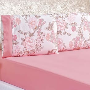 Jogo Cama Lençol Diamond Casal Tecido 200 Fios Rosa Floral