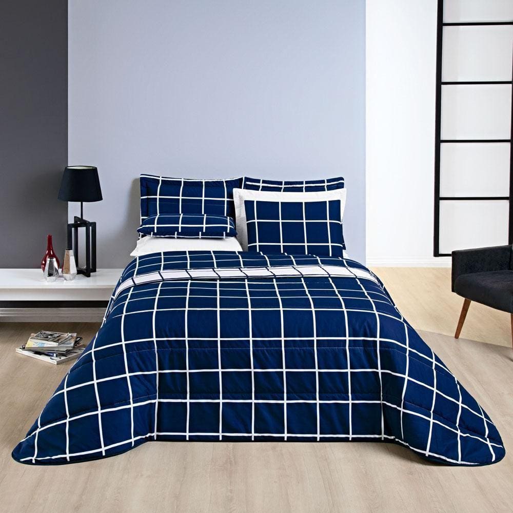 Kit Cobre Leito Brooklyn Casal Micropercal 3Pçs Azul Marinho