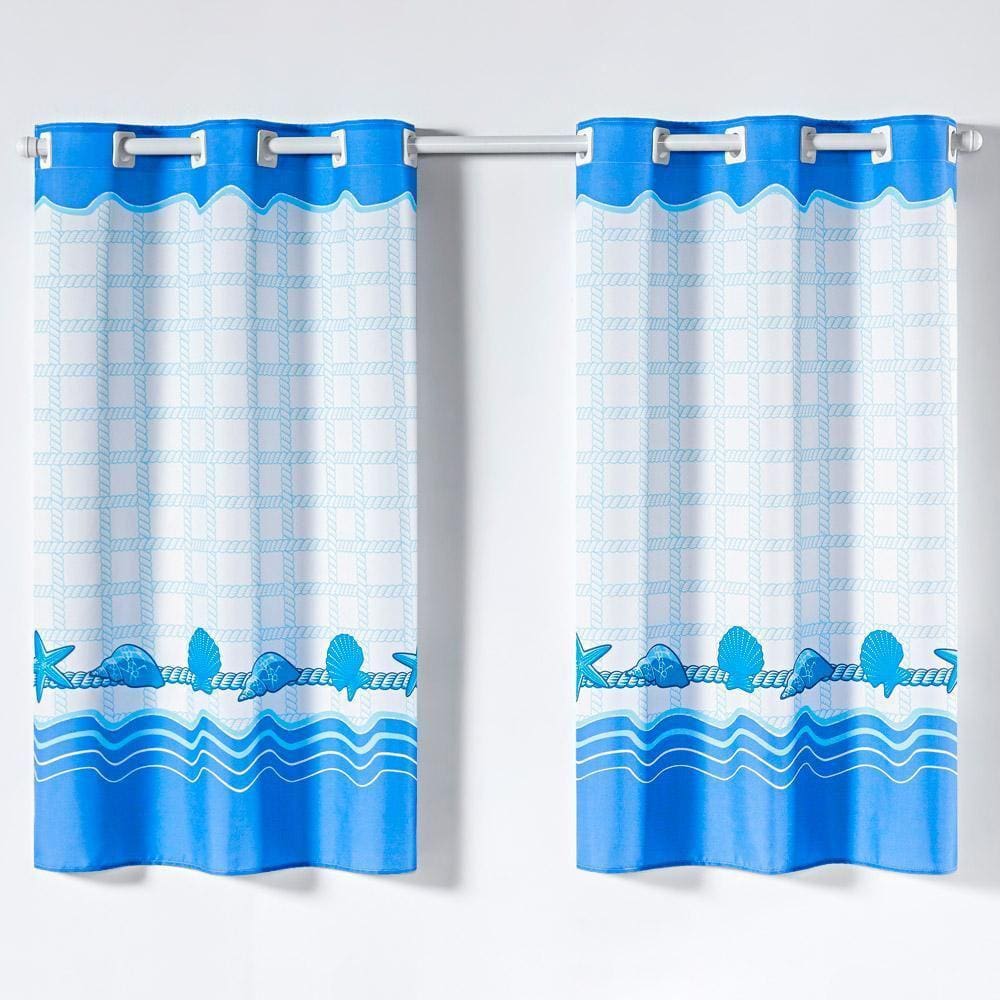 Cortina Varão Cozinha Oxford 2Mx1,30M Conchas Praia Azul