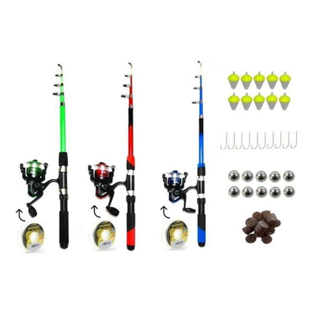 Kit Pesca 3 Vara 3 Molinetes + Linha + Boia + Anzol + Isca