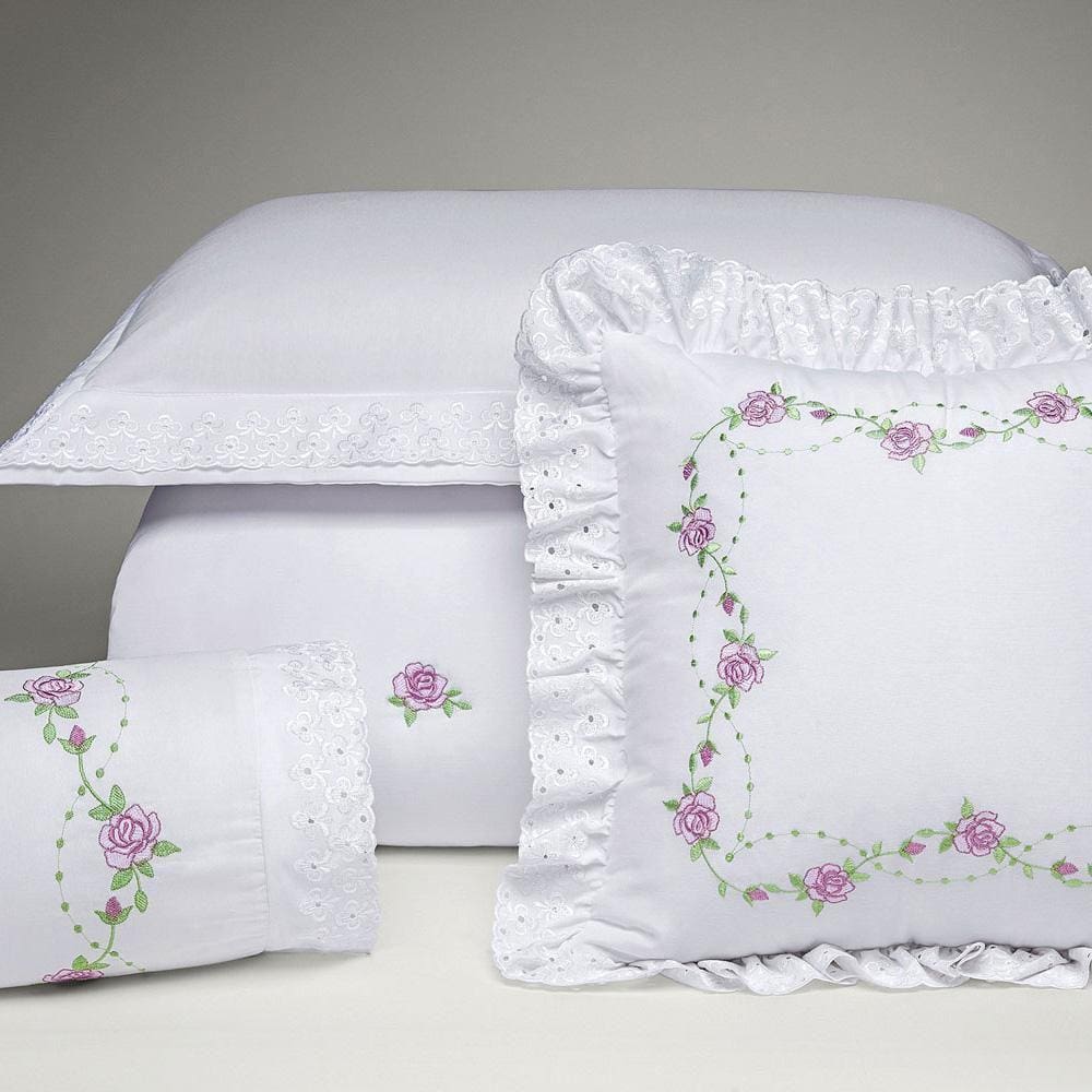 Kit Cobre Leito Queen+Jogo Lençol 10Pçs Branco Floral