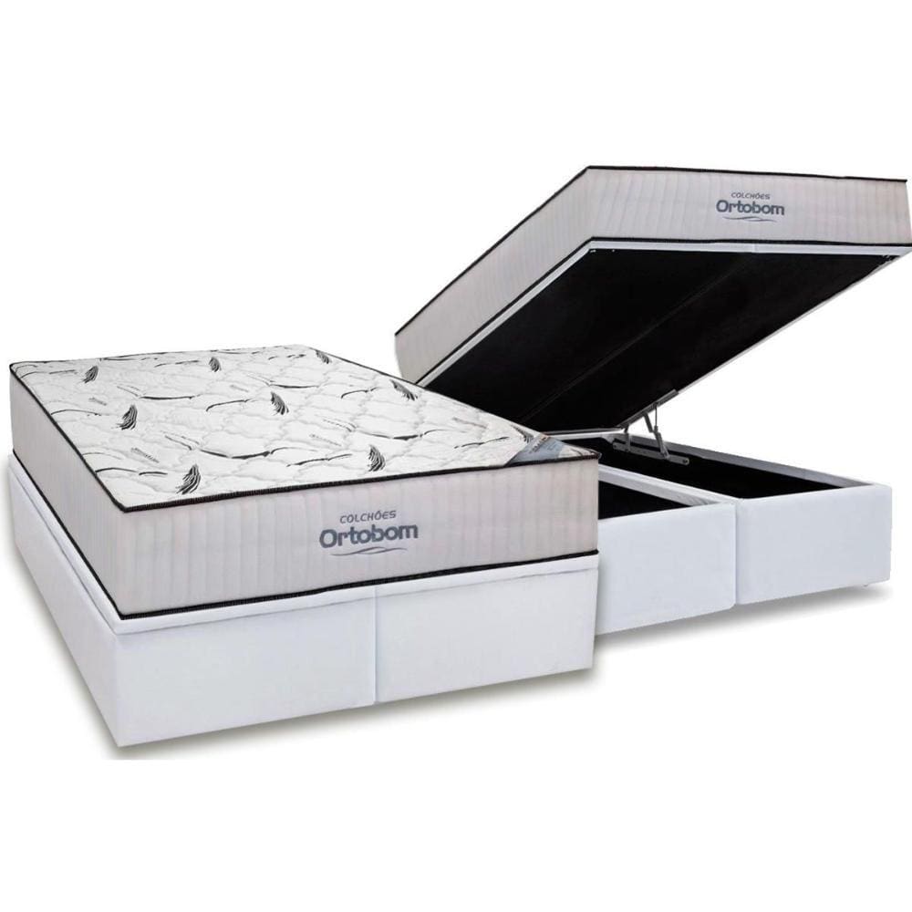 Cama Box Baú Queen: Colchão Espuma Ortobom D45 Highfoam + Base CRC Courano White(158x198)