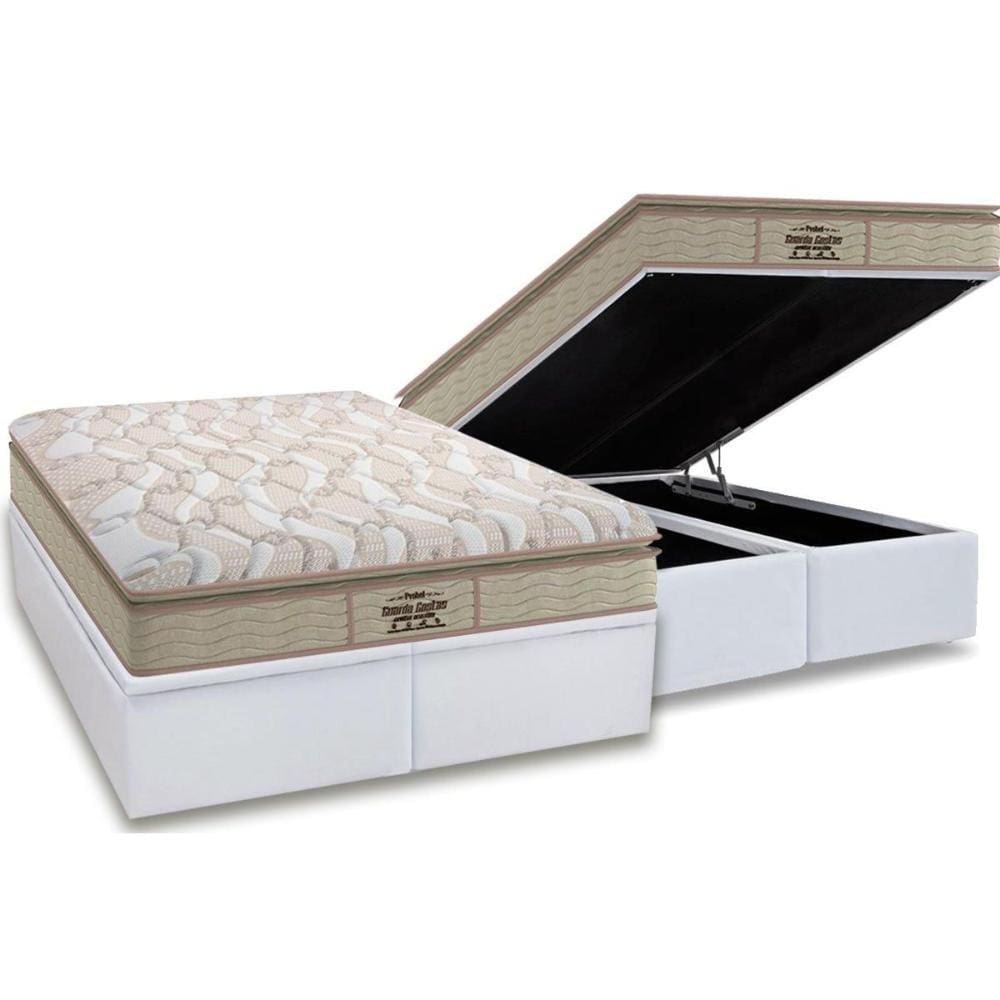 Cama Box Baú King: Colchão Espuma Probel D33 / AG65 Guarda Costas Extreme Resistence Pillow Top + Base CRC Courano White(193x203)
