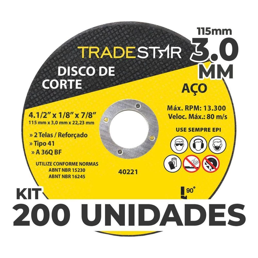 Kit Com 200 Disco De Corte Metal 115X3,0 Mm Furo 22/23 Mm