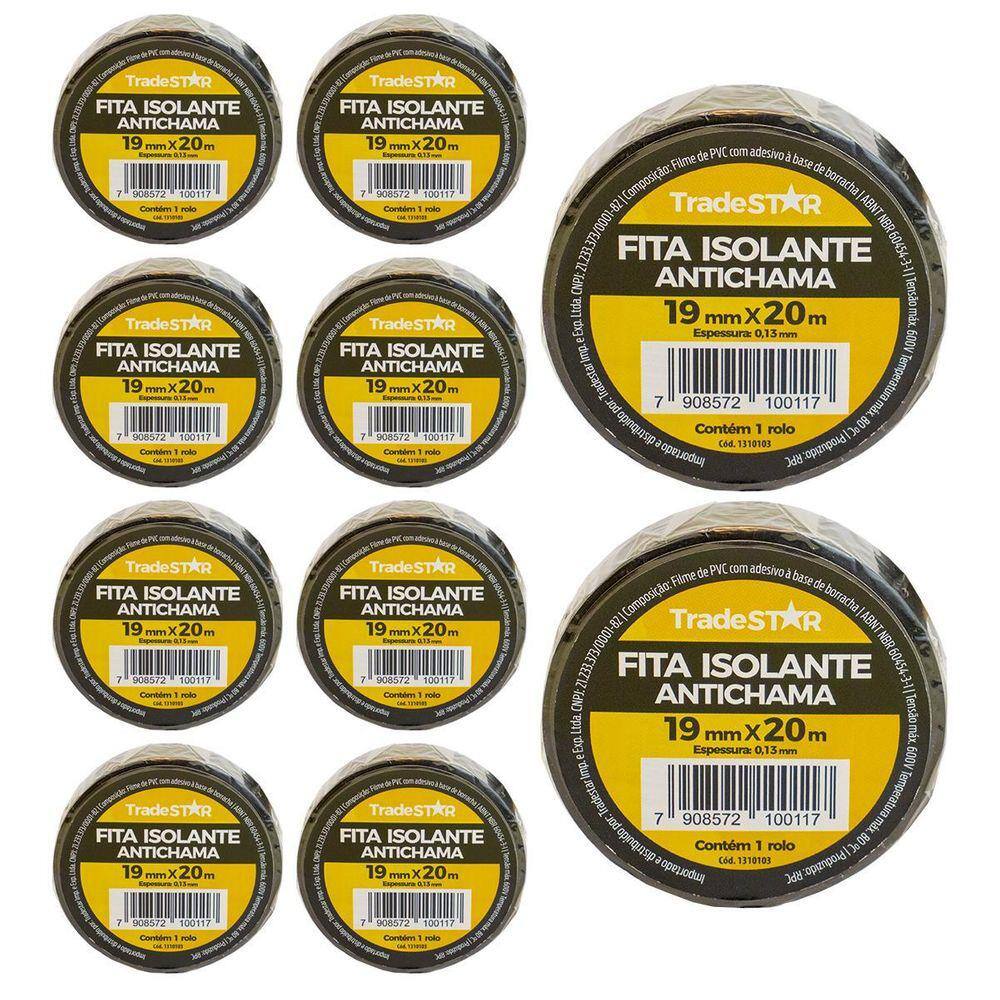 Kit 10 Rolos Pç Fita Isolante 20 Metros Preta