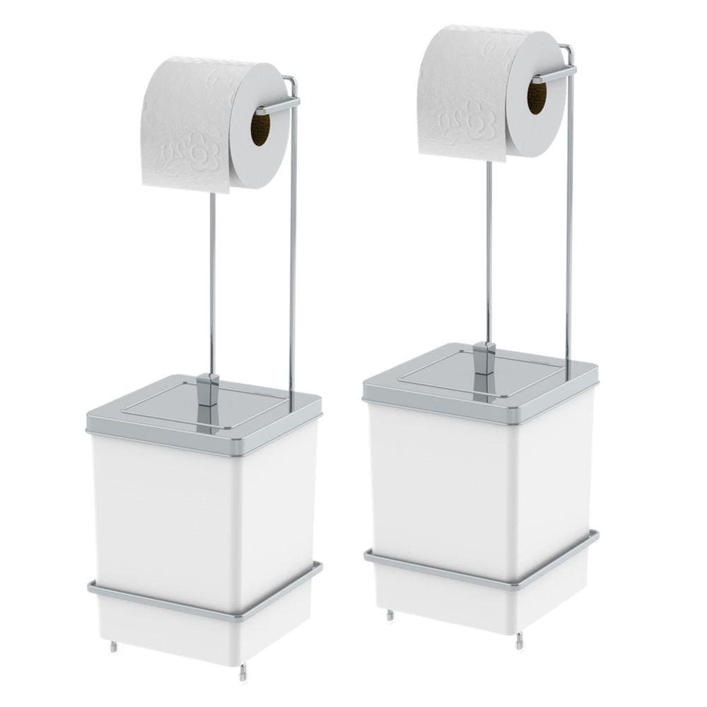 Kit 2 Suporte Porta Papel Higiênico Com Lixeira Quadrada 6,5L Banheiro Branco Cromado - 1632BCC Future