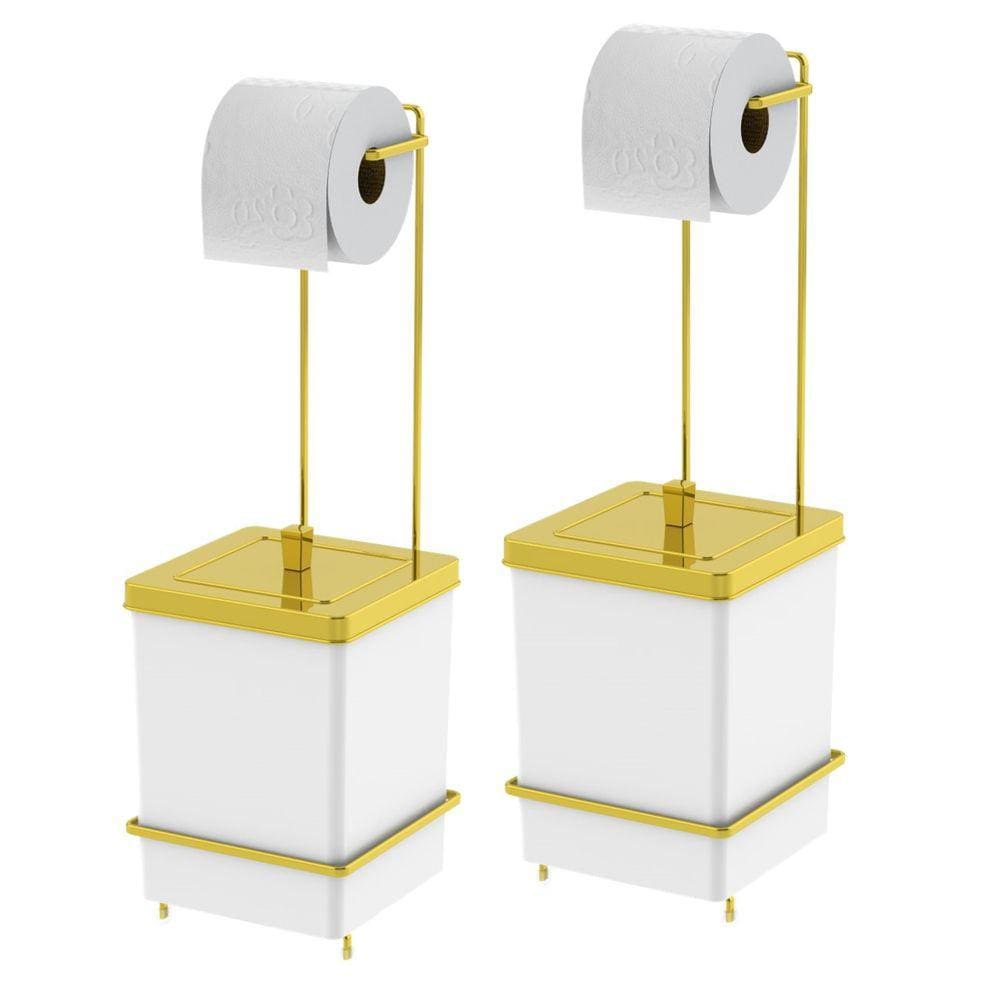 Kit 2 Suporte Porta Papel Higiênico Com Lixeira Quadrada 6,5L Banheiro Branco Dourado - 1632BCD Future