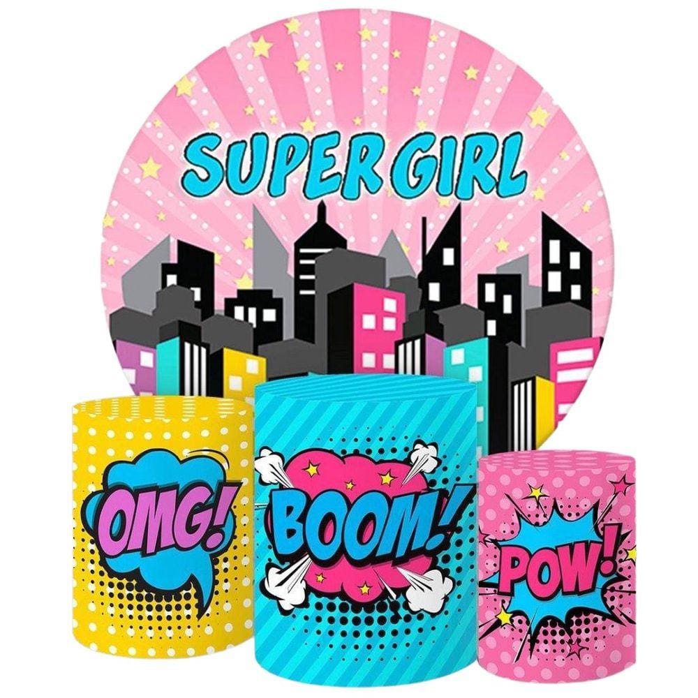 Painel Redondo E Capas Tecido Sublimado 3D Super Girl