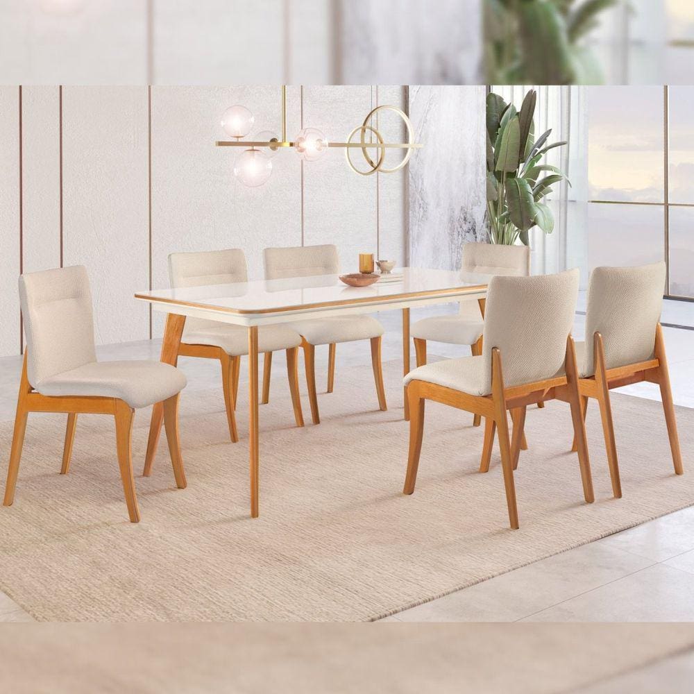 Conjunto Sala de Jantar Mesa Madeira 160cm com 6 Cadeiras Debora Cinamomo/Off White/Losango