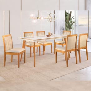 Conjunto Sala de Jantar Mesa Madeira 160cm com 6 Cadeiras Hydra Cinamomo/Off White/Terra