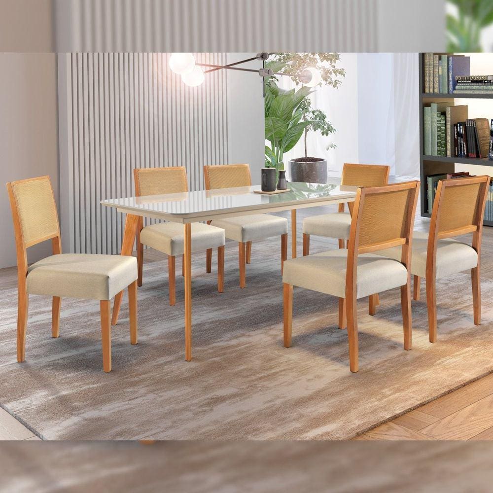 Conjunto Sala de Jantar Mesa Versales 140cm com 6 Cadeiras Versales Cinamomo/Off White/Tela